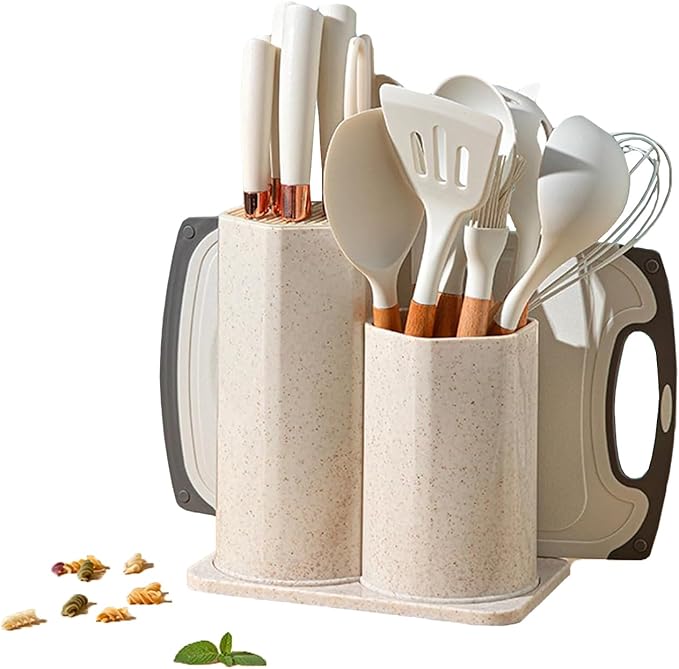 Kitchen Utensils Set,Caliamary 19 PCS Cooking Utensils Set with 360° Rotating Holder,Non-Stick Heat Resistan Kitchen Tools and Gadgets with Anti-slip Handle,Silicone One-Piece Molding (White)