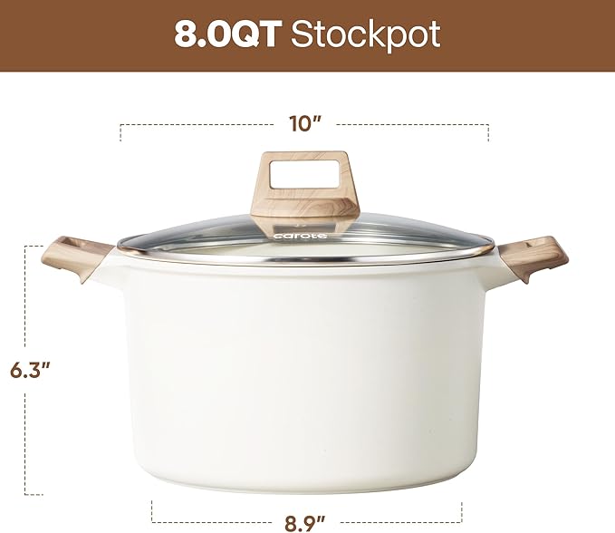CAROTE 8 Qt Nonstick Stock Pot with Lid Soup Pot, 8 Quart Casserole with Lid, Easy to Clean Non Stick Cooking Pot Cookware PFOA Free, White Granite