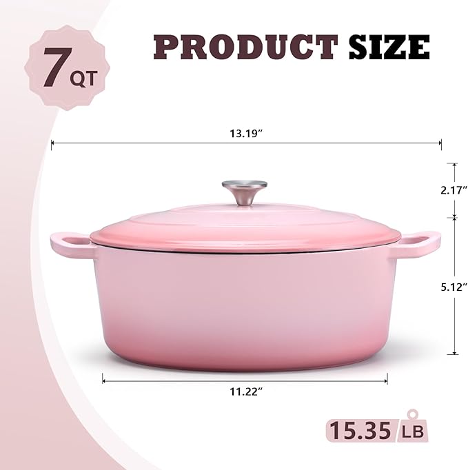 P&P CHEF Oval Dutch Oven with Lid, Enameled Cast Dutch Oven Pot for Bread Baking, Braising, Stewing, Roasting, Non-Stick & Oven Safe, Dual Handles & Easy Clean, 7QT & Pink, Valentine's Day