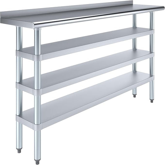 AmGood Stainless Steel Work Table with 1.5" Backsplash and 3 Shelves | Metal Kitchen Food Prep Table | NSF (60" Long x 14" Deep)