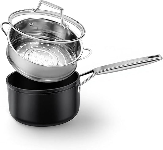 MSMK 2 Quart Saucepan with lid, Small Saucepan with Steamer Non stick, Induction, Scratch-resistant, Small Cooking Pot (2QT)