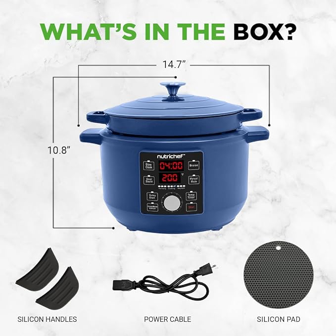 Nutrichef 6 Quart Electric Dutch Oven | 1500W 5-in-1 Enamel Coated Cast Iron Pot with Stainless Steel Lid | Precise Temperature Control | Includes 2 Silicone Pot Holders & Heat Resistant Pad | Blue