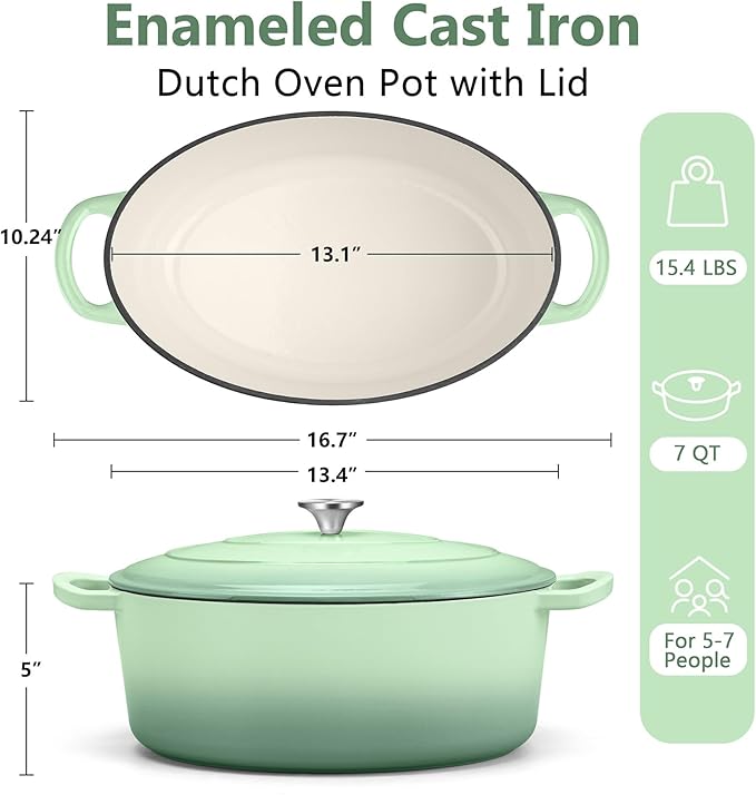 TeamFar 7QT Oval Dutch Oven, Enameled Cast Iron Dutch Oven Pot with Lid, For Bread Baking/Stewing/Braising/Frying, Suitable for Various Stoves, Non-stick & Easy Clean, Pistachio Green