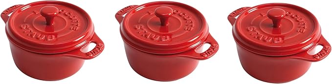 STAUB Ceramic Dutch Oven 3-piece Mini Round Cocotte, Cherry