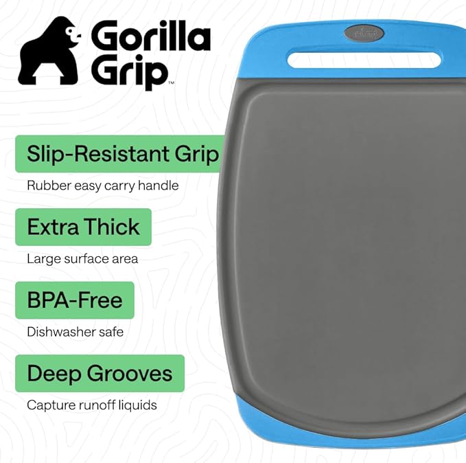 GORILLA GRIP BPA-Free Reversible Kitchen Cutting Board Set of 3, US Designed, Nonporous, Juice Grooves Catch Liquid, Slip Resistant Border, Dishwasher Safe, Durable Food Chopping Boards, Gray Aqua