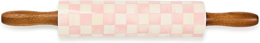 MACKENZIE-CHILDS Rolling Pin, Ceramic Decorative Roller Pin for Baking, Pink-and-White Rosy Check