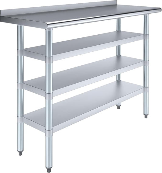 AmGood Stainless Steel Work Table with 1.5" Backsplash and 3 Shelves | Metal Kitchen Food Prep Table | NSF (48" Long x 18" Deep)