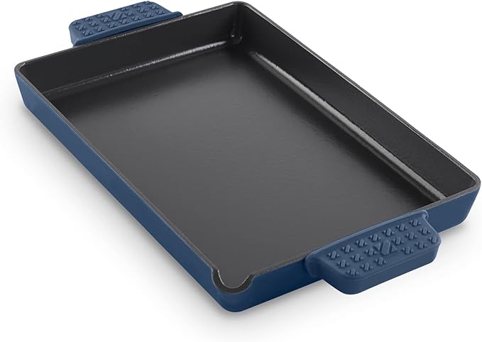 DASH Zakarian by Dash 9"x13" Nonstick Cast Iron Pan with Pour Spout and Removable Silicone Grips for Searing, Baking, Broiling, Grilling and more - Blue