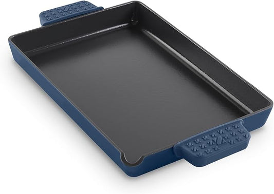 DASH Zakarian by Dash 9"x13" Nonstick Cast Iron Pan with Pour Spout and Removable Silicone Grips for Searing, Baking, Broiling, Grilling and more - Blue