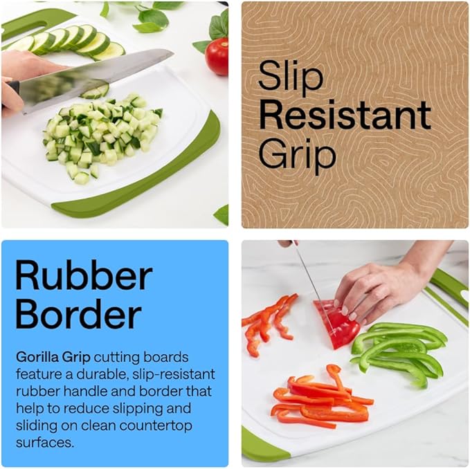 GORILLA GRIP BPA-Free Reversible Kitchen Cutting Board Set of 3, US Designed, Nonporous, Juice Grooves Catch Liquid, Slip Resistant Border, Dishwasher Safe, Durable Food Chopping Boards, Lime Green