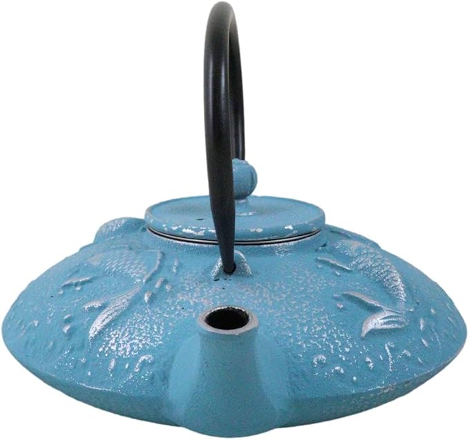 Ebros Gift Traditional Oriental Tetsubin Cast Iron Teapot With Enameled Interior 27oz Asian Japanese Chinese Fusion Housewarming Tea Pot Accent (Turquoise Blue Auspicious Koi Fishes)