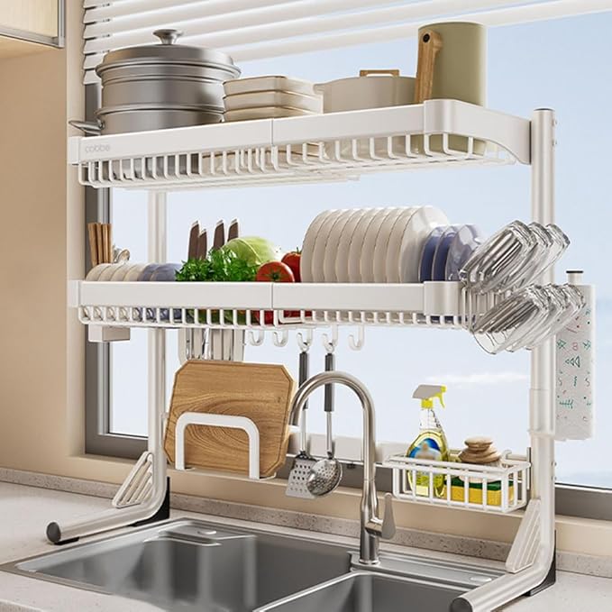 Adjustable Dish Drying Rack Over Sink (21-33"") 3 Tier, Large Capacity Kitchen Counter Dish Drying Rack Stainless Steel Drainer for Kitchen Storage Organization, White