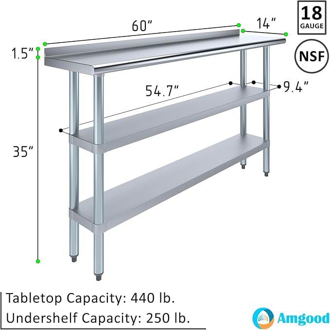 AmGood Stainless Steel Work Table with 1.5" Backsplash and 2 Shelves | Metal Kitchen Food Prep Table | NSF (60" Long x 14" Deep)