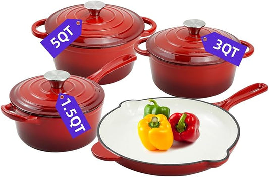 DVK Enameled Cast Iron Cookware Set 7 Piece Dutch Ovens Non-Stick, Durable Versatile Cast Iron Cookware for Family Baking Cooking Enthusiasts