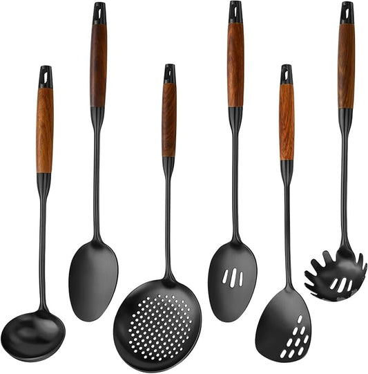 18/10 Stainless Steel Kitchen Utensils Set with Wood Handle Metal Cooking Utensils Set, 6-Piece - Spatula, Spoon, Ladle, Skimmer, Slotted Spoon, Pasta