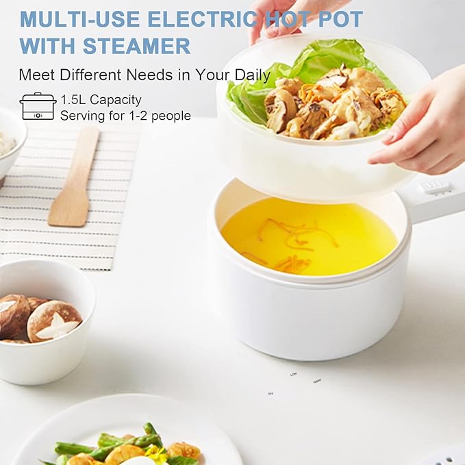 olakys. Electric Hot Pot with Steamer,1.5L Ceramic Glaze Non-stick Portable Pot, Dual Power Multi-functional Electric Cooker, Suitable for Steak, Pasta, Hot Pot, Ramen, Electric Pot for Dorm