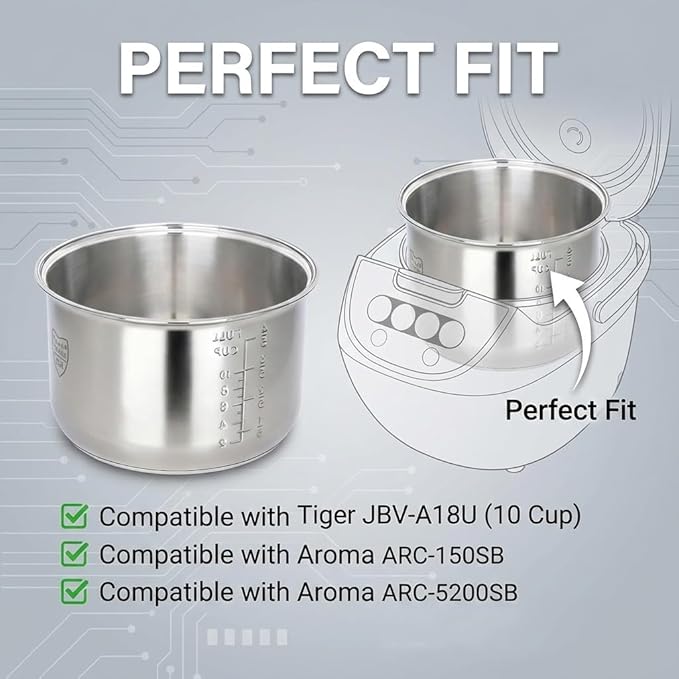 Rice Cooker Replacement Pot, Compatible with Aroma ARC-150SB & ARC-5200SB, Stainless Steel Non-Stick Inner Pot, Durable Design, Even Heating for Perfect Rice