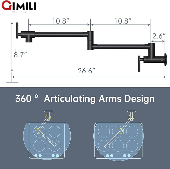 GIMILI Pot Filler Faucet Matte Black Wall Mount Folding Over Stove Double Joint Swing Arm Kitchen Faucet