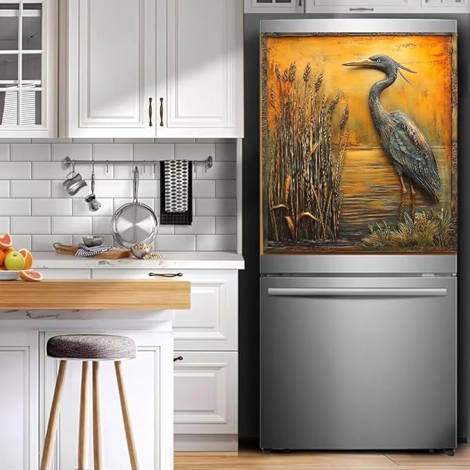 Heron Bird Dishwasher Magnet Cover, Bronze Gold Refrigerator Magnetic Vinyl Sticker for Dishwasher Door, Decorative Kitchen Appliance Panel Decal, 23Wx26H Inches