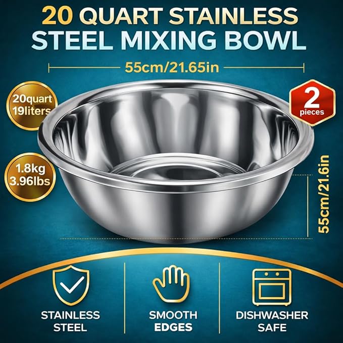 2 Pack Large Mixing Bowl, 20 Qt, 304 Stainless Steel, Polished Mirror Finish, Flat Base, for Home or Commercial Baking