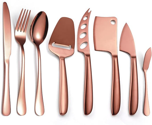 Rose Gold Cheese Knives Silverware 8 Pieces inlude dinning Knife Fork Spoon Stainless Steel Kitchen Gadget Baking Utensils Cooking Tool Multifunctional Durable