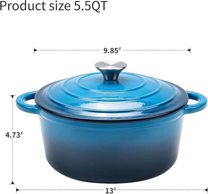 5.5QT Enameled Cast Iron Dutch Oven Pot with Lid,Heavy-Duty Cookware for Sourdough Bread Baking,Braising,Stews,Roasting,Oven Safe up to 500°F,blue