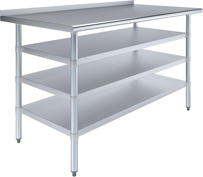 AmGood Stainless Steel Work Table with 1.5" Backsplash and 3 Shelves | Metal Kitchen Food Prep Table | NSF (60" Long x 30" Deep)