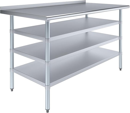 AmGood Stainless Steel Work Table with 1.5" Backsplash and 3 Shelves | Metal Kitchen Food Prep Table | NSF (60" Long x 30" Deep)