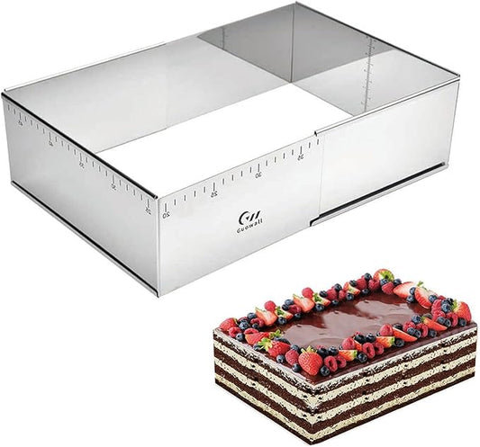 Guowall Rectangular Shaped Cake Ring Mold Stainless Steel Heavy Duty Adjustable Tiramisu Pan Big Size Extensible Pastry Mould Form for Baking - 10 x 7 x 4 inch