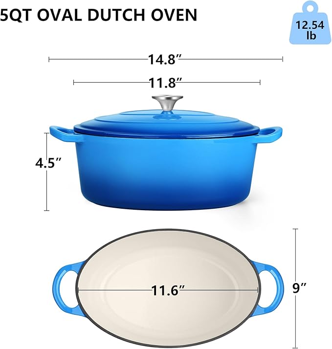 TeamFar Oval Dutch Oven, 5qt Enameled Cast Iron Dutch Oven Pot with Lid, For Bread Baking/Stewing/Braising/Frying, Suitable for Various Stoves, Dual Handles & Easy Cleanup, Blue