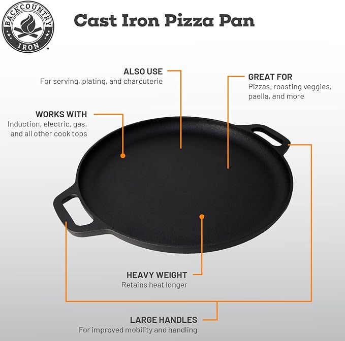 13.5 Inch Cast Iron Pizza Pan with Loop Handles Pre-Seasoned
