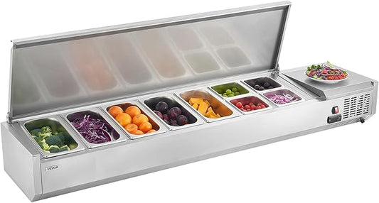 VEVOR Refrigerated Condiment Prep Station, 140 W Countertop Refrigerated Condiment Station, with Five 1/3 Pans & Four 1/6 Pans, 304 Stainless Body and PC Lid, Sandwich Prep Table with Stainless Guard