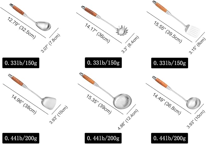 Stainless Steel Kitchen Utensils Set with Wooden Handle, 6 PCS Professional Cooking Utensils Set 15", Wok Spatula, Ladle, Skimmer, Slotted Spatula Turner, Spaghetti Spoon, Large Spoon