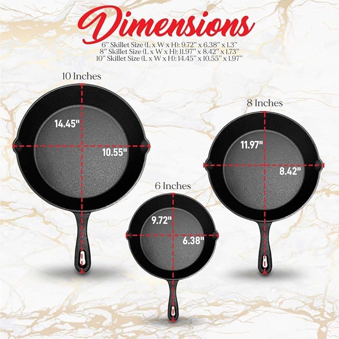 NutriChef Pre-Seasoned Cast Iron Skillets - 3 Pieces Cast Iron Cookware Set w/Drip Spout and Scraper - Compatible with Induction, Electric Stovetop, Gas, & Ceramic - NCCI76