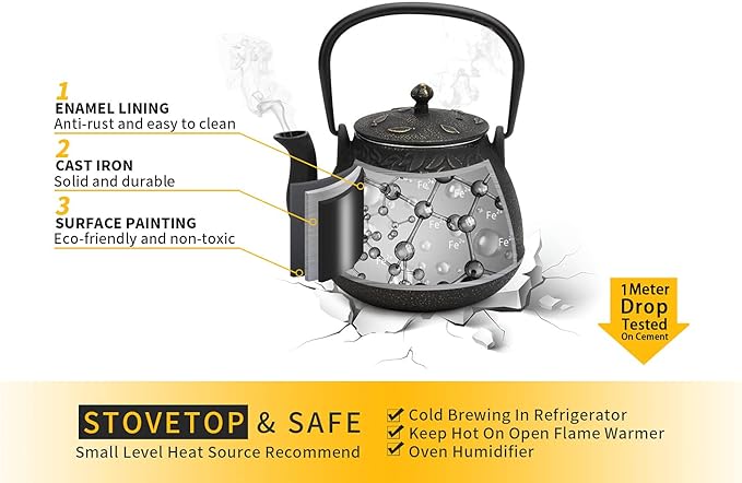 Toptier Tea Kettle for Stove Top, Cast Iron Teapot Stovetop Safe with Infusers for Loose Tea, 54 oz, Black