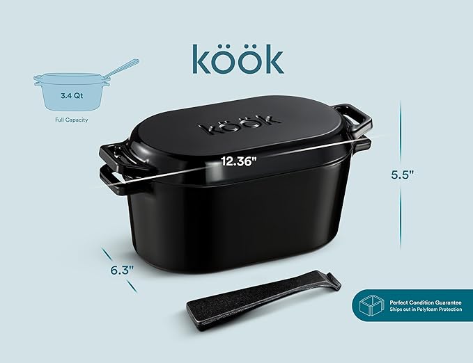 KooK Dutch Oven with Lid, Enameled Cast Iron Bread Baker, Dual Handles, 3.4 Qt, Oval, Includes Banneton Proofing Basket with Liner, Artisan Sourdough Bread Baking Set
