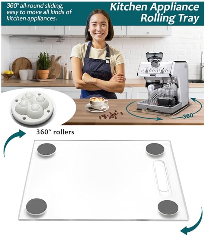 Acrylic Appliance Slider with 360° Rolling Wheels, Sliding Tray for Heavy Kitchen Appliances, Coffee Maker Slider Tray for Counter, Countertop Moving Tray for Kitchen(Large 15.7"×13")