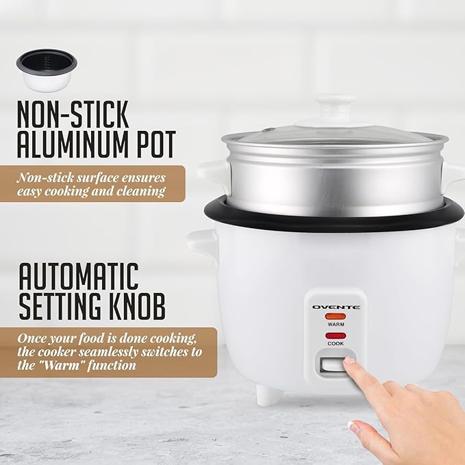 OVENTE Electric Rice Cooker and Food Steamer – 10-Cup Cooked Capacity (5 Cups Uncooked), Nonstick Removable Pot, Keep Warm Function, Steaming Basket, Measuring Cup & Spatula Included, White RCS01W