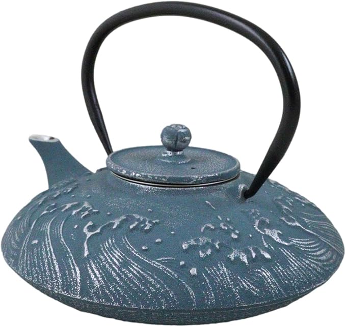 Ebros Gift Traditional Oriental Tetsubin Cast Iron Teapot With Enameled Interior 27oz Asian Japanese Chinese Fusion Housewarming Tea Pot Accent (Royal Blue Ocean Sea Waves)