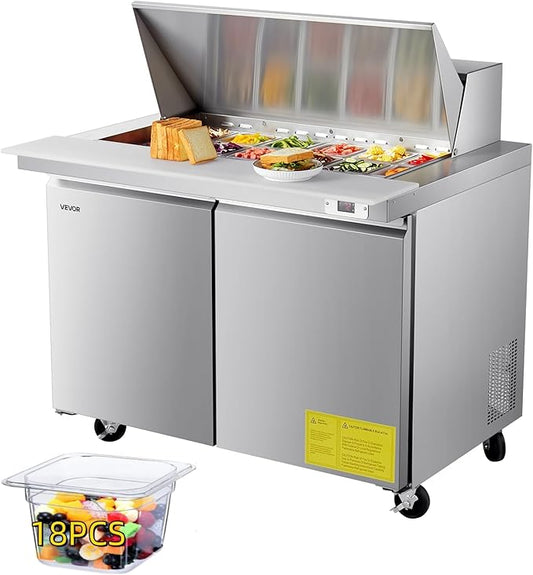 VEVOR 48"W Commercial Refrigerator, 12.5 Cu. Ft Sandwich Prep Refrigerated Table, Mega Top Food Prep Fridge with 18 Pans and Cutting Board, Stainless Steel Salad Prep Cooler for Restaurant, Food Truck