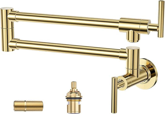 WOWOW Pot Filler Faucet Polished Brass, Kitchen Pot Filler Wall Mount Stove Faucet with Double Joint Swing Arms