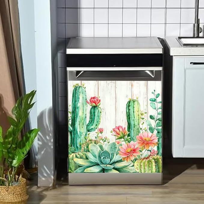 Cactus Succulent Floral Dishwasher Magnet Cover, Desert Plants Refrigerator Magnetic Vinyl Sticker for Dishwasher Door, Rustic Wood Decorative Kitchen Appliance Panel Decal, 23Wx26H Inches