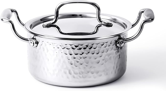 Tri-Ply Stainless Steel Stock Pot,1.8 Quart Sauce Pan with Lid, Induction Pasta Pot for Soup, Gravies & Oatmeal, Fast Even Heating, 18/8 Interior, Oven & Dishwasher Safe, Double Loop Handles