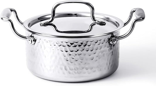 Tri-Ply Stainless Steel Stock Pot,1.8 Quart Sauce Pan with Lid, Induction Pasta Pot for Soup, Gravies & Oatmeal, Fast Even Heating, 18/8 Interior, Oven & Dishwasher Safe, Double Loop Handles