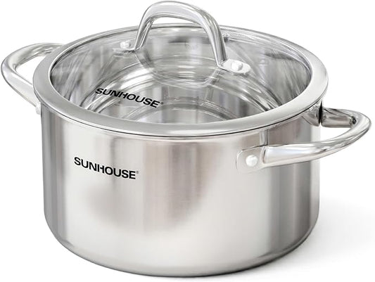 Sunhouse Professional 3.5-Quart Whole-Clad Multi-Ply Stainless Steel Stock Pot with Lid - Premium 18/10 - Induction Ready, Oven Safe Dishwasher Safe Cooking Pot