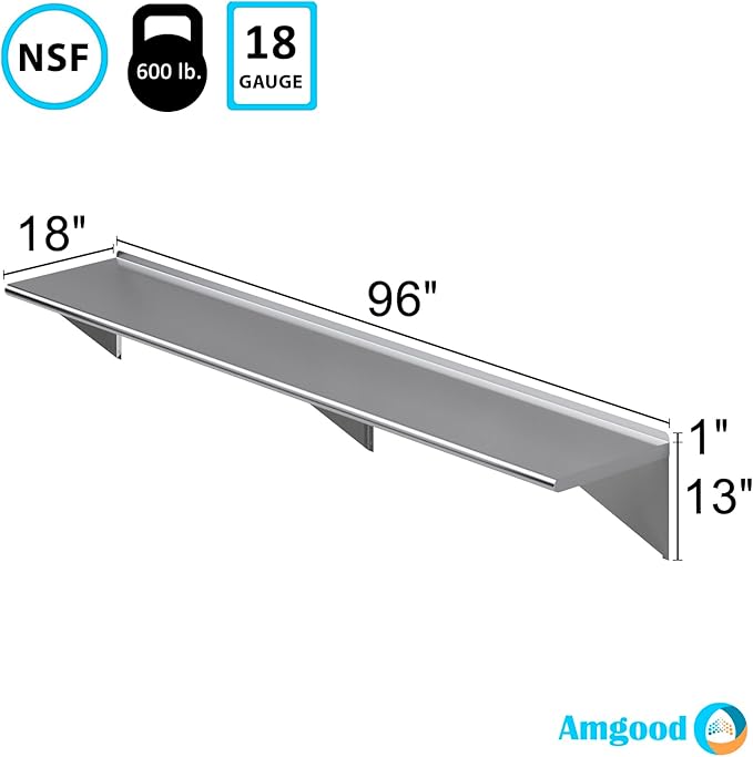 AmGood 18" X 96" Stainless Steel Wall Shelf | NSF | Garage, Laundry, Storage, Utility Room | Restaurant, Commercial Kitchen