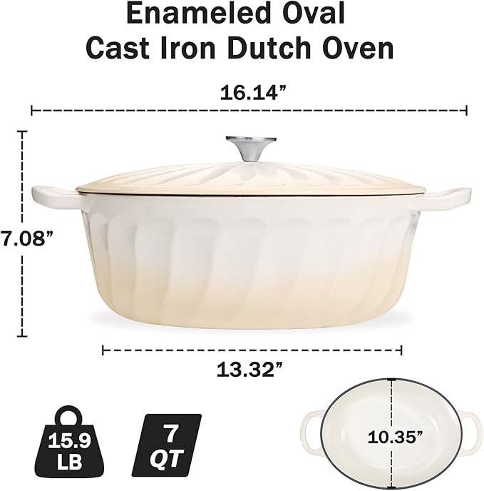 Enameled Oval Dutch Oven Pot with Lid, 7 QT Cast Iron Dutch Oven with Dual Handles for Cooking, Bread Baking, Frying, Non-stick Enamel Coated Oven (Caramel White)