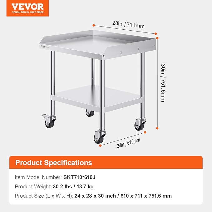VEVOR Stainless Steel Work Table, 24 x 28 x 30 Inch Commercial Food Prep Worktable with 4 Wheels, Casters, 3-Sided Backsplash Heavy Duty Prep Worktable, Metal Work Table for Restaurant Home Hotel