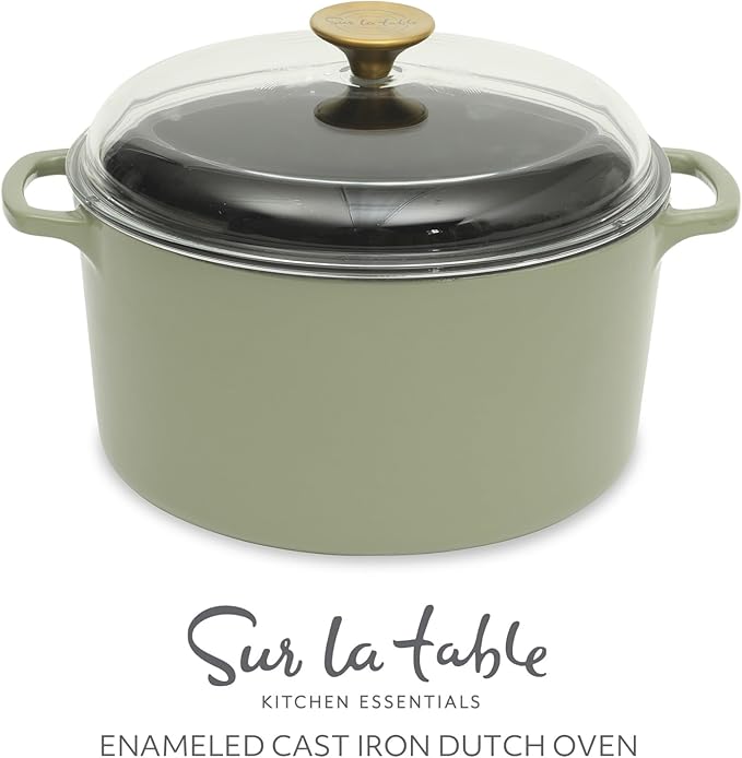 Sur La Table Kitchen Essential Supper Club 5-Quart Enamel-Coated Cast Iron Dutch Oven Pot with Oven Safe Glass Lid, Oven-to-Table Cookware for Bread, Soups, Stews & Braising - Juniper Green