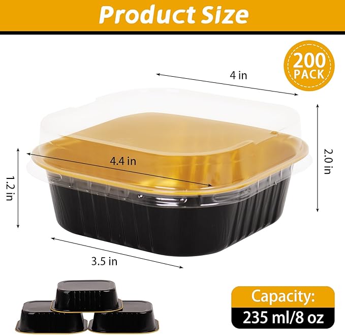 200 Pack 8 oz Black Gold Mini Aluminum Cake Pans with Lids and Spoons, Disposable Square Baking Cups, Oven Safe Foil Ramekins for Individual Desserts, Cupcakes, Cheesecakes Ramekins Muffin